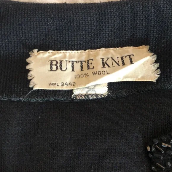 SPARKLE! Vintage Wool Open Cardigan Black Sweater with Rhinestone Trim  Sz L - Picture 7 of 8